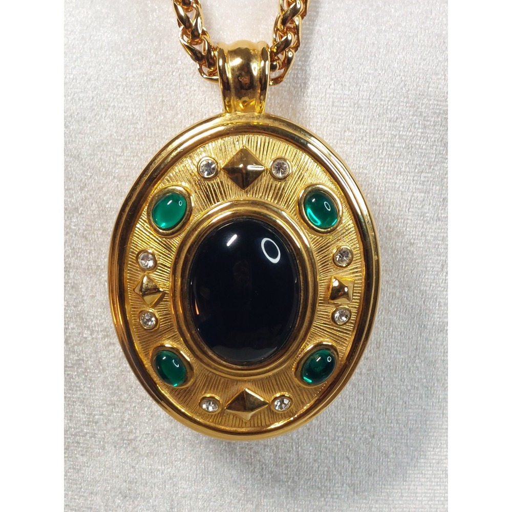Vintage Sandi Burrows Chunky Runway Locket Necklace Gold Tone Black Green Boho